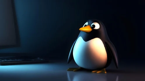 Cute Cartoon Penguin Standing by Laptop in Soft Lighting.