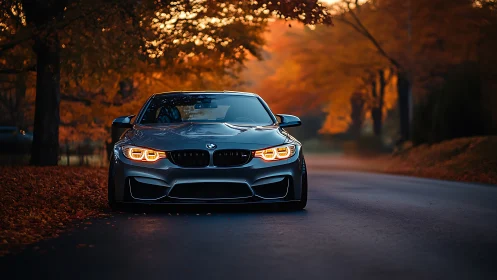 Photorealistic sports coupe on autumn forest roadway at dusk.