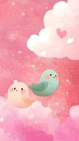 Whimsical Birds Soaring Through Pink Dreamscape.