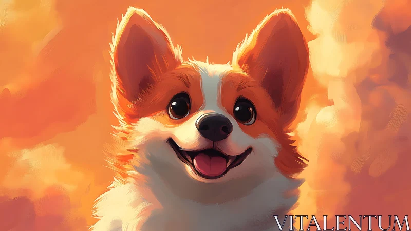 Smiling corgi portrait set against warm orange sky clouds.