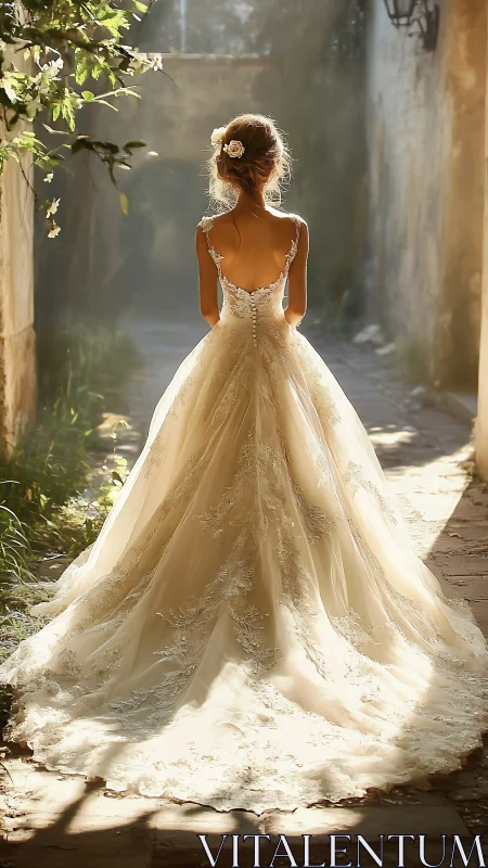 Bride in golden light stands in a sunlit stone passageway.