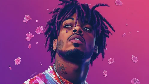 Digital portrait with neon gradient backdrop and floral drift.