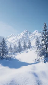 Winter sunlight sketches soft blue shadows across snowy pines