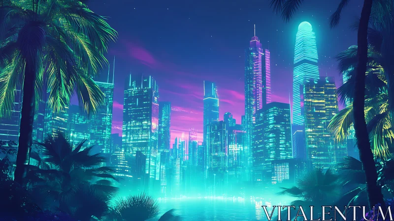 Neon tropical megacity skyline under vivid cyber dusk.