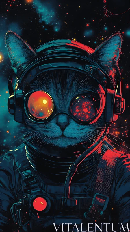 Cybernetic astronaut cat in teal red lighting, deep space field