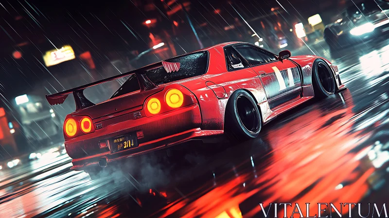 Red tuner car drifting through neon city rain at night.