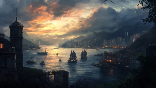 Cinematic harbor skyline uniting classic junks and modern towers