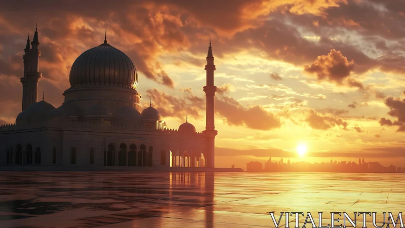 Golden sunset bathes a grand mosque in tranquil, warm light