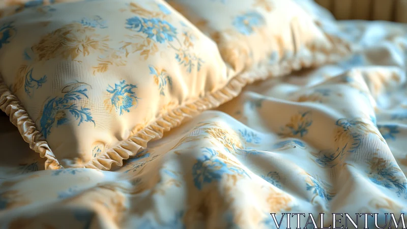 Soft morning light over floral satin pillows and sheets.