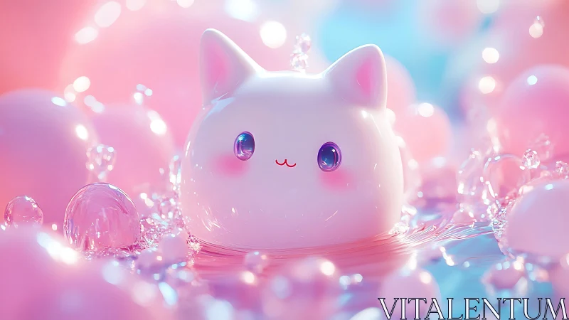 Glossy pastel cat mochi character in luminous bubble bath