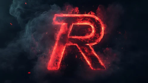 Incandescent molten R letterform in volumetric smoke field