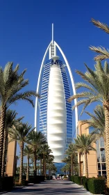 Sail-shaped high-rise hotel framed by palm-lined pathway.