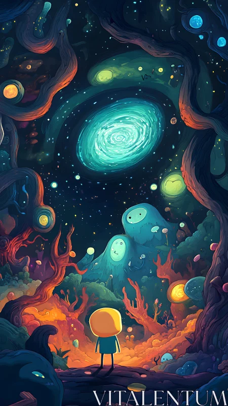 Digital painting of child explorer under cosmic spiral canopy.