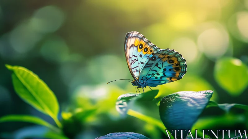 Butterfly on green foliage in soft natural backlighting.