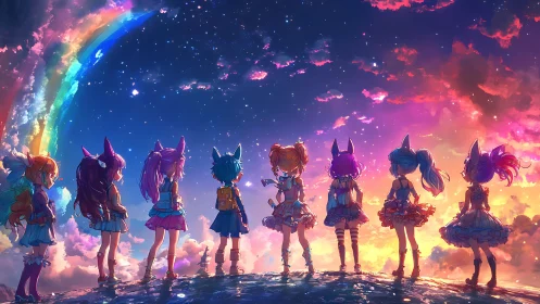 Anime girls stand under rainbow sky at glowing sunset.
