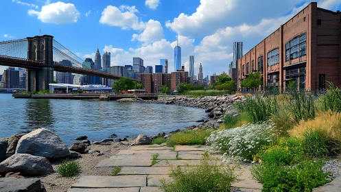 Sunlit city shoreline welcomes a calm Brooklyn Bridge view
