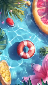 Sunny pool day with floating fruit and a cheerful ring.