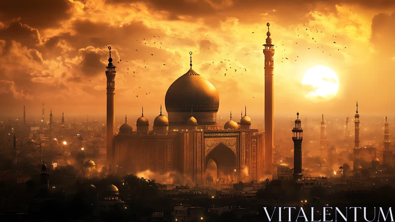Golden mosque cityscape under dramatic sunset sky.
