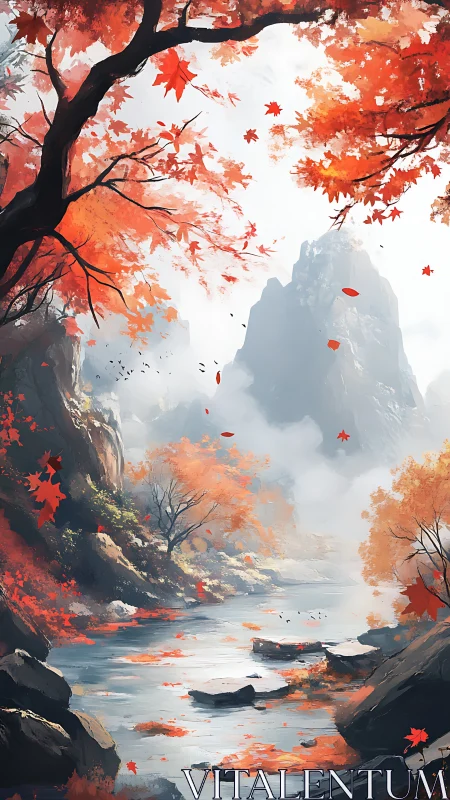 Autumn river winds through misty mountains in quiet light