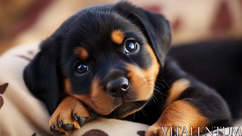 Photorealistic close-up of resting Rottweiler puppy portrait.