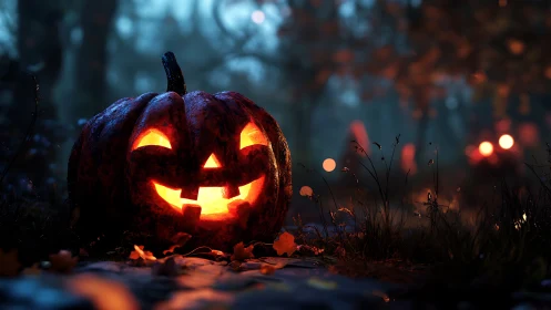 Cozy jack o’lantern glow brightening a misty forest path.