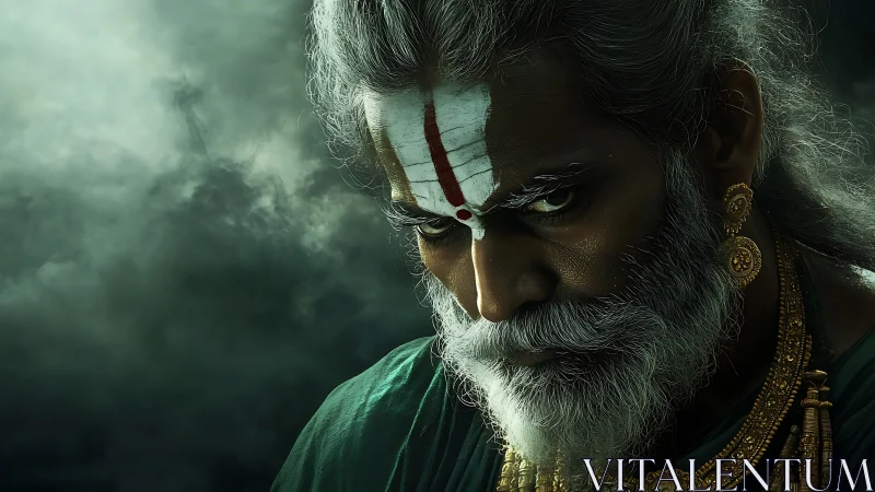 Stormborne sage with fierce gaze in swirling dusk clouds.