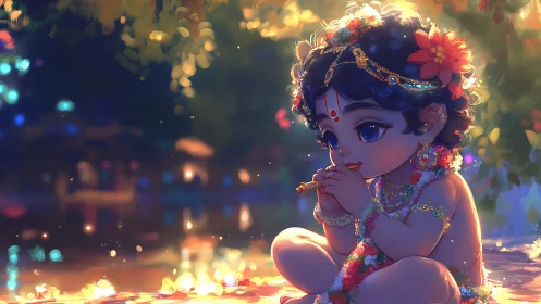 Baby deity with flute sits under glowing foliage at dusk