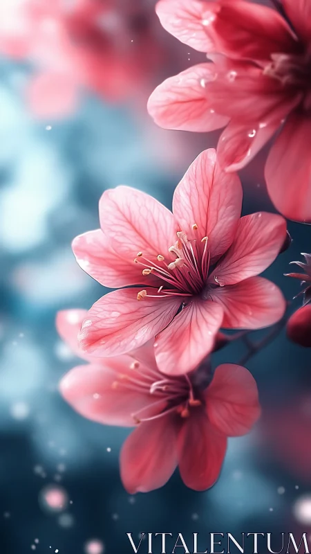 Pink petals dance through dreamy azure bokeh.