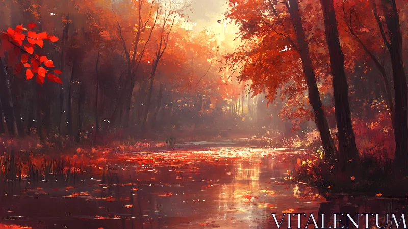 Illuminated autumn forest landscape with warm golden light reflecting on water surface.