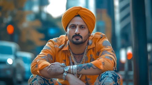 Urban portrait of turbaned man in orange attire, shallow depth