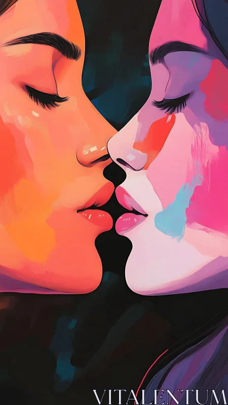 Chromatic almost-kiss between mirrored neon-soft faces.