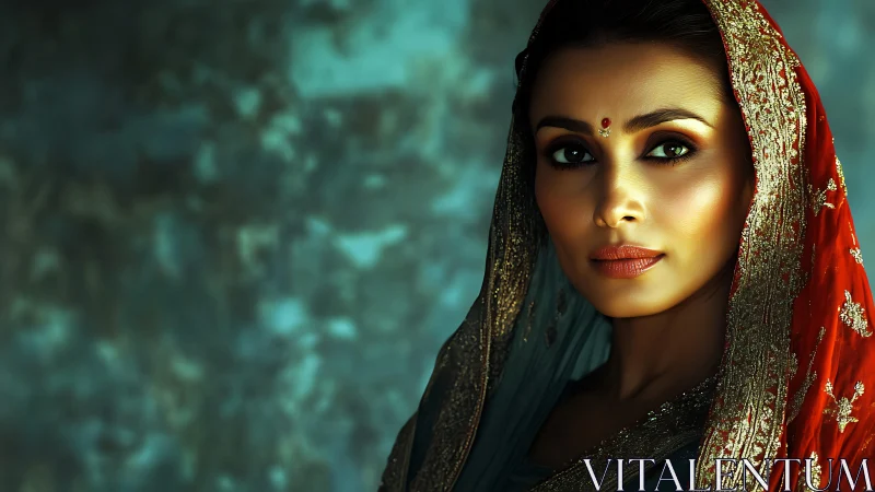 High-contrast portrait of woman in embroidered red dupatta