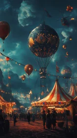 Steampunk night carnival glows beneath drifting sky lanterns