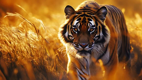 Tiger stalking through molten-gold grass at sunset light.