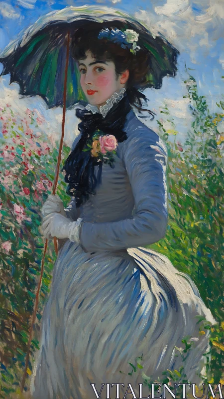 Elegant lady with parasol amid bright impressionist garden.