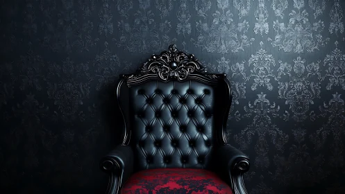 Velvet darkness frames an inviting black baroque throne chair