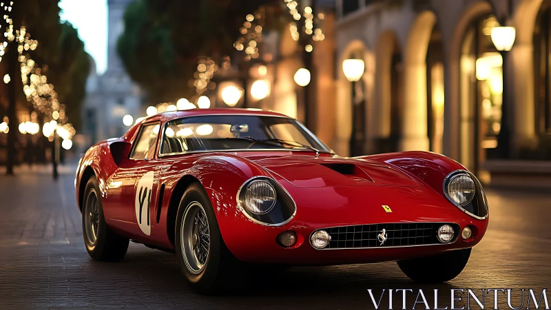 Red vintage race car glows under warm city lights.