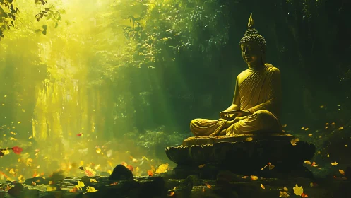 Golden Buddha statue sits in forest clearing under sunlight