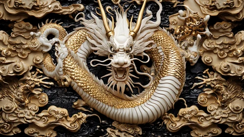 Baroque gold Chinese dragon coils through sculpted storm clouds