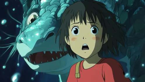 Girl with shocked expression before dragon spirit.