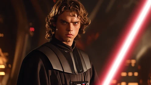 Brooding space knight framed by molten city glow and blade.