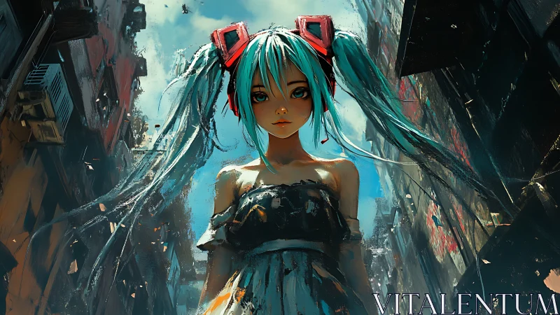 Cyan haired girl stands in ruined alley under harsh daylight
