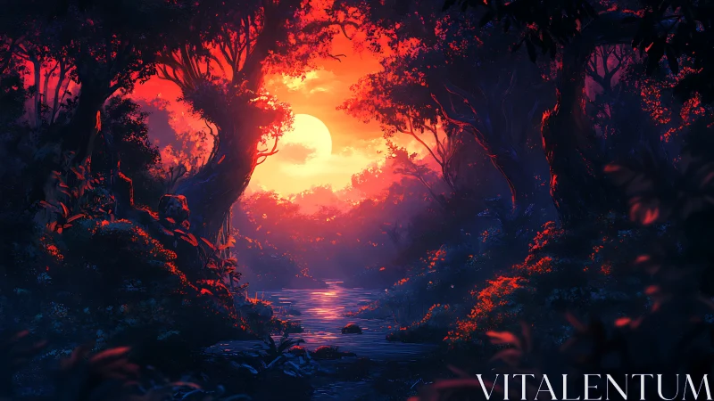 Luminous Forest River: Where Light Embraces Mystery.