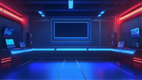 Futuristic control room with dual-tone neon lighting design.