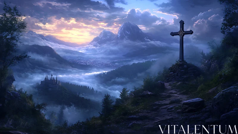 Cross overlooks mist-filled valley with distant mountains at dawn