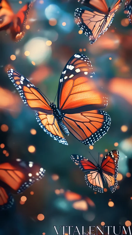Monarch butterflies glide through bokeh-lit atmospheric blur