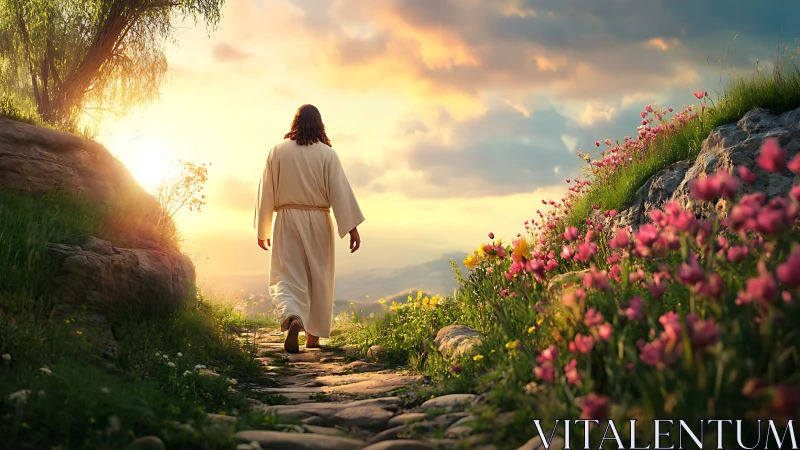 Sunlit wanderer on a blooming hillside path of quiet hope.