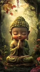 Serene chibi Buddha meditating in luminous forest glade.