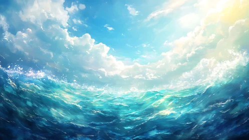 Sunlit waves gossip brightly beneath a cathedral of clouds