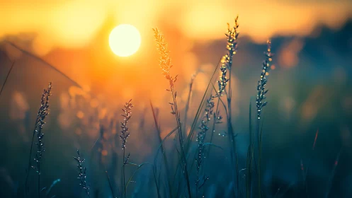 Dewlit meadow stalks serenade a melting sunrise glow.